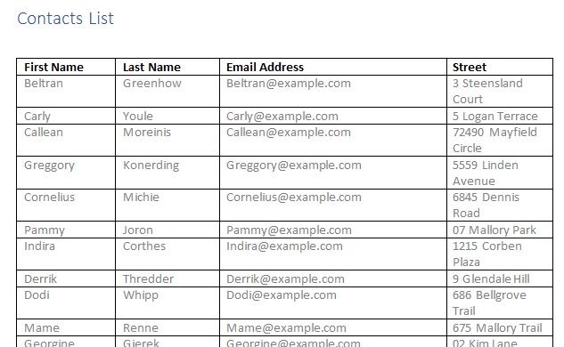 Contact List Word Document