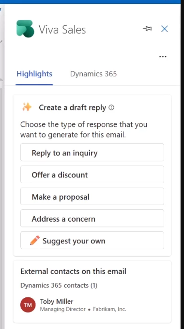 Suggested email response types in Viva Sales